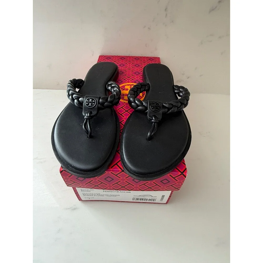 Tory Burch Braided Benton Thong Sandals Black Leather Logo Flip Flops  Size 7